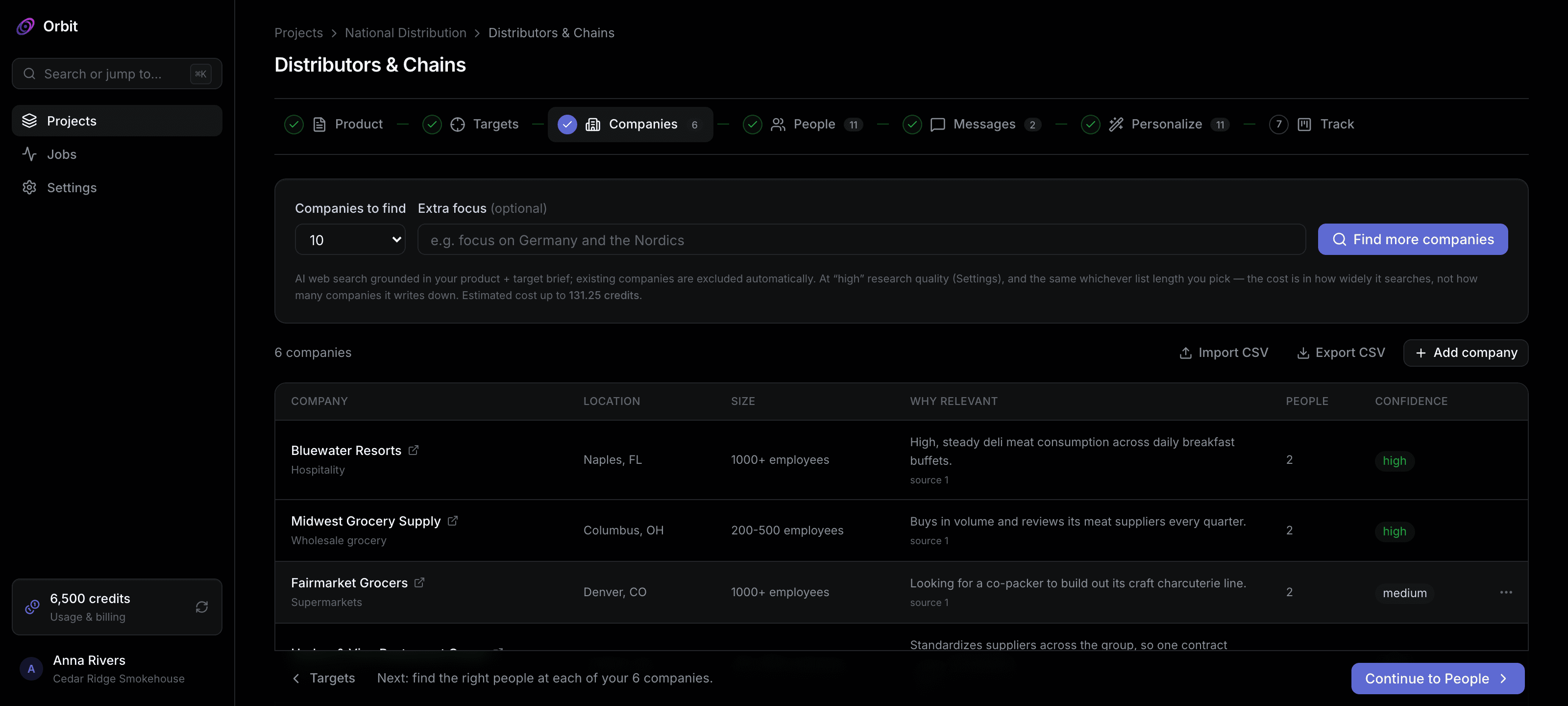 Orbit showing researched target companies with location, size, relevance and sources