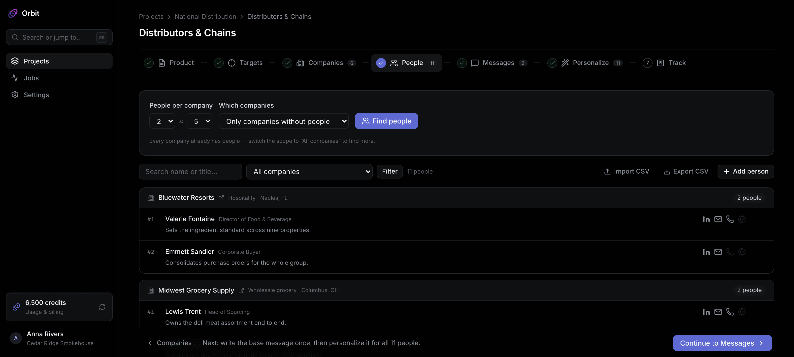 Contacts grouped by company with roles and contact details