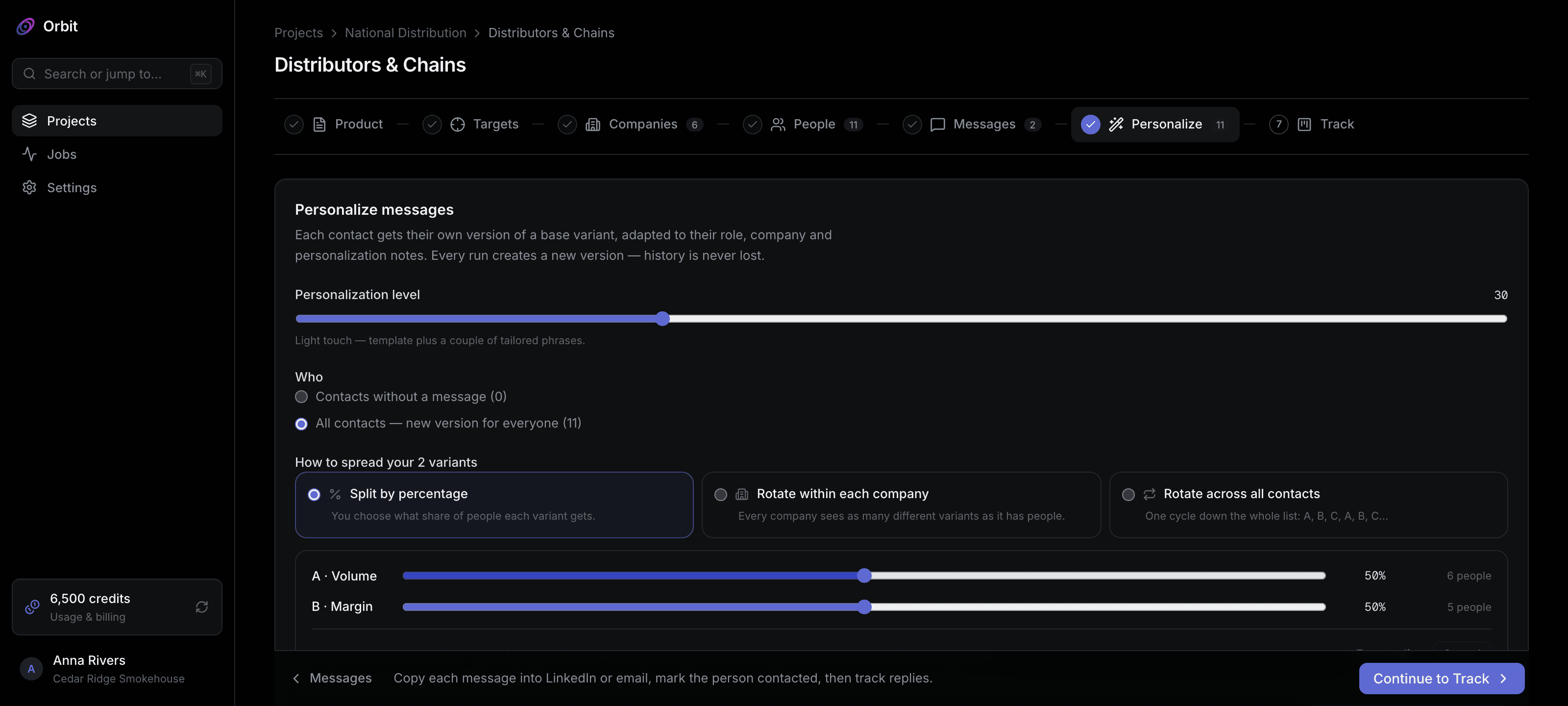 Message personalization screen with variant split controls