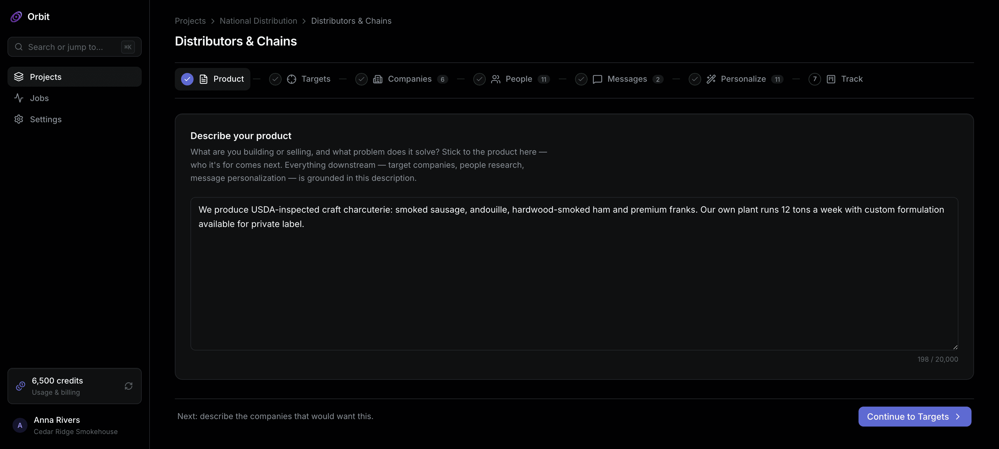 Orbit campaign screen showing the product description and target brief